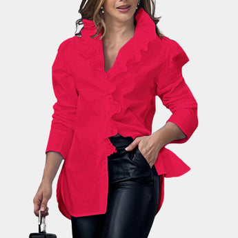 
A red long sleeve blouse for women featuring a v-neck design and elegant ruffles, suitable for office wear. The blouse is in size 3XL.