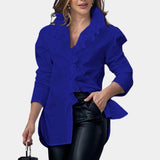Royal Blue Ruffle Blouse in a women's V-neck design, featuring long sleeves suitable for office wear, shown in a 3XL size.