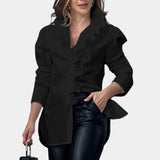 Black ruffle blouse with a V-neck and long sleeves, designed for women's office wear in size 3XL, focusing on the shoulders and waist.