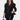 Black ruffle blouse with a V-neck and long sleeves, designed for women's office wear in size 3XL, focusing on the shoulders and waist.