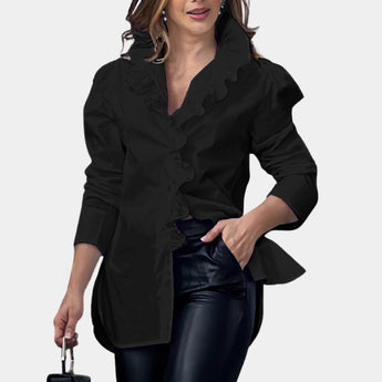 Black ruffle blouse with a V-neck and long sleeves, designed for women's office wear in size 3XL, focusing on the shoulders and waist.