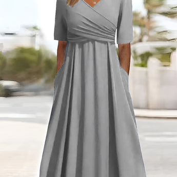 Plus size Royal Blue V-Neck A-Line Midi Dress with three-quarter sleeves.