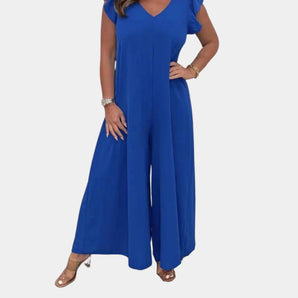 Royal blue V-neck women's wide-leg formal jumpsuit in size 2XL, featuring a tailored fit with a defined waistline and short sleeves.
