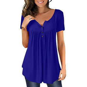 Royal Blue Women's Pleated Scoop Neck Blouse with short sleeves, shown in size 2XL, worn by a smiling woman.