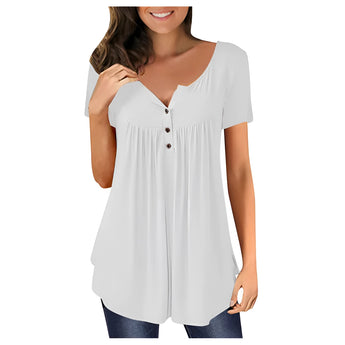 Royal Blue Women's Pleated Scoop Neck Blouse with Short Sleeves, shown in White, Size 2XL, Casual Summer Top with Comfortable Fit.