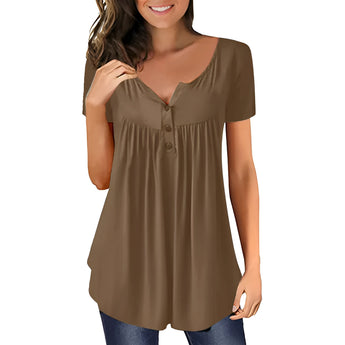 Royal Blue Women's Pleated Scoop Neck Blouse with short sleeves and a loose, casual fit.