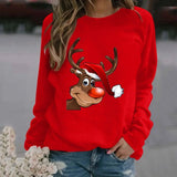A woman wearing a red Rudolph Reindeer Christmas sweatshirt, styled with casual jeans and sunglasses, showcasing a festive look.