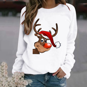 
A woman wearing a white 3XL Rudolph Reindeer Christmas sweatshirt, featuring a festive design. The sweatshirt has long sleeves and a comfortable fit, ideal for holiday celebrations. The background is neutral, highlighting the garment's details.