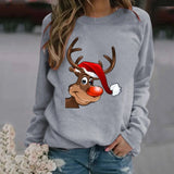 
A gray Rudolph Reindeer Christmas sweatshirt in size 3XL for women, featuring a festive design with long sleeves. The image focuses on the top half of the body, highlighting the material and fit of the pullover.