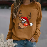 Brown Rudolph Reindeer Christmas sweatshirt for women in size 3XL, featuring a festive design with a cute fawn wearing sunglasses and holiday headgear on the front. The pullover has long sleeves and is styled for a cool, casual look.