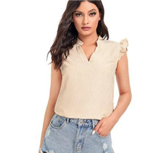 Woman wearing a ruffled sleeve yellow V-neck blouse, suitable for summer, in apricot color and XL size.