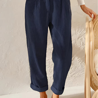 Blue high-waisted women's pleated pants in corduroy material, featuring a vintage style and loose fit suitable for plus-size (3XL) individuals.