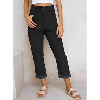 Rust corduroy high-waisted women's pleated pants in a vintage style, displayed in Nero color and size 3XL, featuring a flattering silhouette with waist emphasis and wide-leg design.