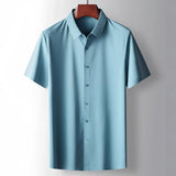 Sage green men's short sleeve mandarin collar dress shirt with buttons