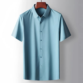 Sage green men's short sleeve mandarin collar dress shirt with buttons