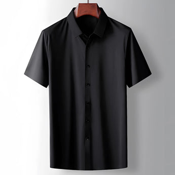 Sage green men's short sleeve mandarin collar dress shirt with buttons, displayed in black, size 3XL.