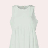 Sage green sleeveless maxi dress designed as a casual beach sundress, featuring a flowing silhouette with a defined waistline.