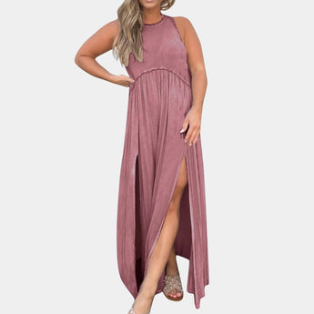 Sleeveless sage green maxi dress with a casual beach style, shown in a rose shade and size 3XL, featuring a relaxed fit and flowing design ideal for sunny days.