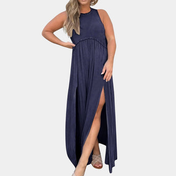 Marine blue sleeveless maxi dress modeled on a person, showcasing a casual beach sundress style with a flowing design that accentuates the waist and shoulders.