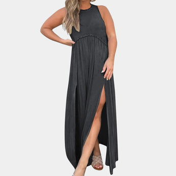 Black sleeveless maxi dress featuring a sheath silhouette, ideal for casual beach outings in a plus size 3XL.