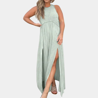 Sage green sleeveless maxi dress in a casual beach sundress style, shown in a mint green shade and size 3XL, featuring a relaxed fit with a flowing design that drapes gently over the body, highlighting the waist and falling to the thighs, with a focus on the shoulder area and sleeveless cut.