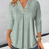 Sage green V-neck ribbed blouse for women, featuring a casual and lightweight design in size 2XL.