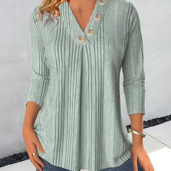 Sage green V-neck ribbed blouse for women, featuring a casual and lightweight design in size 2XL.