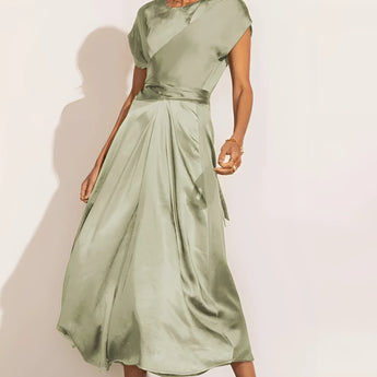 Light green satin wrap midi dress with cap sleeves and a button-up front, designed for parties, shown in size XL.