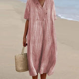 Sea blue linen maxi dress with a V-neck and casual lightweight design, featuring short sleeves and a defined waist, suitable for beachwear. The dress is presented in a rose color and size 2XL.