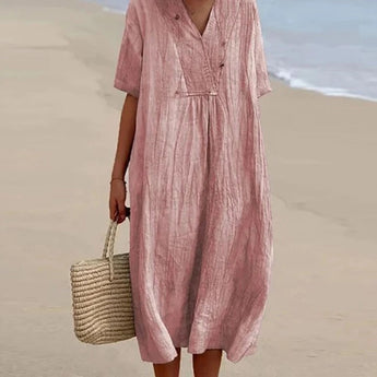 Sea blue linen maxi dress with a V-neck and casual lightweight design, featuring short sleeves and a defined waist, suitable for beachwear. The dress is presented in a rose color and size 2XL.