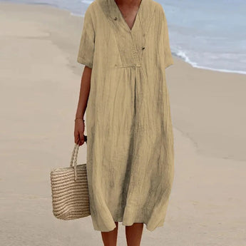 Sea Blue Linen Maxi Dress featuring a V-neckline and lightweight fabric, ideal for casual beachwear; the dress displays a flowing silhouette with attention to collar and waist details, shown in the Khaki color variant, size 2XL.
