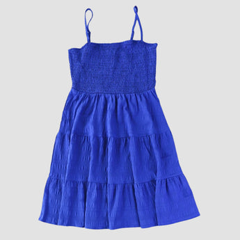 A knee-length sea green tiered beach dress with spaghetti straps, designed for a relaxed fit and featuring a layered skirt. Suitable for daytime wear, the dress is sleeveless, emphasizing a comfortable and breezy look.