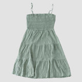 Sea green tiered beach dress with spaghetti straps, knee-length, featuring a flowy design suitable for casual wear.