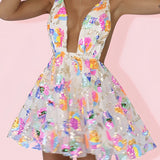 Woman wearing a white sparkly sequin skater skirt and backless halter top, posing in a fashionable festival outfit, highlighting shoulders and legs.