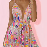 Woman wearing a sparkly pink sequin skater skirt and a backless halter top, posing with hands on hips, showcasing a festival outfit in size XL with a stylish hairstyle.
