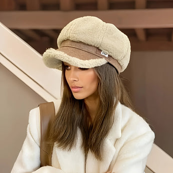 
A woman wearing a beige Sherpa baseball cap styled for winter fashion.