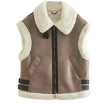 City Chic Women's Streetwear Sherpa Fleece Vest with Buckle featuring a woolen texture and fashionable design, showcasing a collar and sleeveless style.