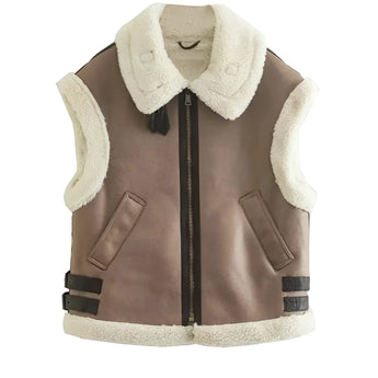 City Chic Women's Streetwear Sherpa Fleece Vest with Buckle featuring a woolen texture and fashionable design, showcasing a collar and sleeveless style.