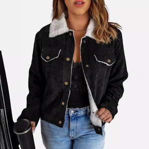 Women's black corduroy jacket with sherpa lining, featuring a classic collar, long sleeves, and a stylish design suitable for winter fashion.