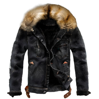 Sherpa-lined denim jacket with a fur collar in a Nero color, size 2XL, featuring brown sherpa lining on the collar and sleeves, designed for winter fashion.