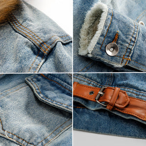 Sherpa-lined denim jacket with a fur collar in a blue color, featuring long sleeves, beige sherpa lining, and front pockets, suitable for winter fashion.