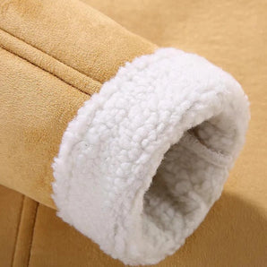 Men's suede winter jacket with sherpa lining, featuring a warm and insulated design suitable for cold weather. The jacket is crafted from natural materials with a stylish appearance.