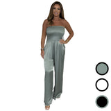 Shimmery silver strapless metallic jumpsuit with a fitted waist and sleek thigh design, ideal for evening parties and formal wear.