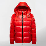 A glossy metallic insulated puffer jacket in red, featuring a high collar and long sleeves, designed for warmth and style. The jacket is shown in a large size, capturing its shiny, leather-like appearance.