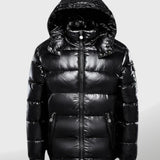 Shiny black puffer jacket with a glossy metallic finish, featuring a high collar and quilted insulation, designed for warmth and style in an XXXL size.