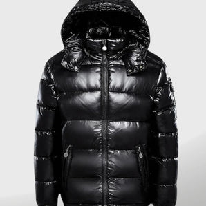 Shiny black puffer jacket with a glossy metallic finish, featuring a high collar and quilted insulation, designed for warmth and style in an XXXL size.