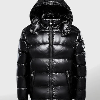 Shiny black puffer jacket with a glossy metallic finish, featuring a high collar and quilted insulation, designed for warmth and style in an XXXL size.
