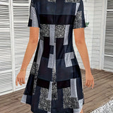 A stylish short summer dress featuring an asymmetric geometric pattern, designed as streetwear with a one-piece garment style. The dress highlights shoulder and neck details, includes short sleeves, and is fitted at the waist, perfectly suited for daytime outings.