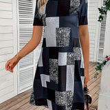 Marine blue short geometric summer dress featuring an asymmetric pattern, styled in streetwear fashion. The dress has short sleeves, a defined waist, and a round neck, available in size 2XL.