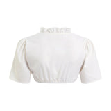 White short-sleeved dirndl blouse with a tie-front design, featuring ruffled details and a cropped cut, suitable for a chic and stylish look.
